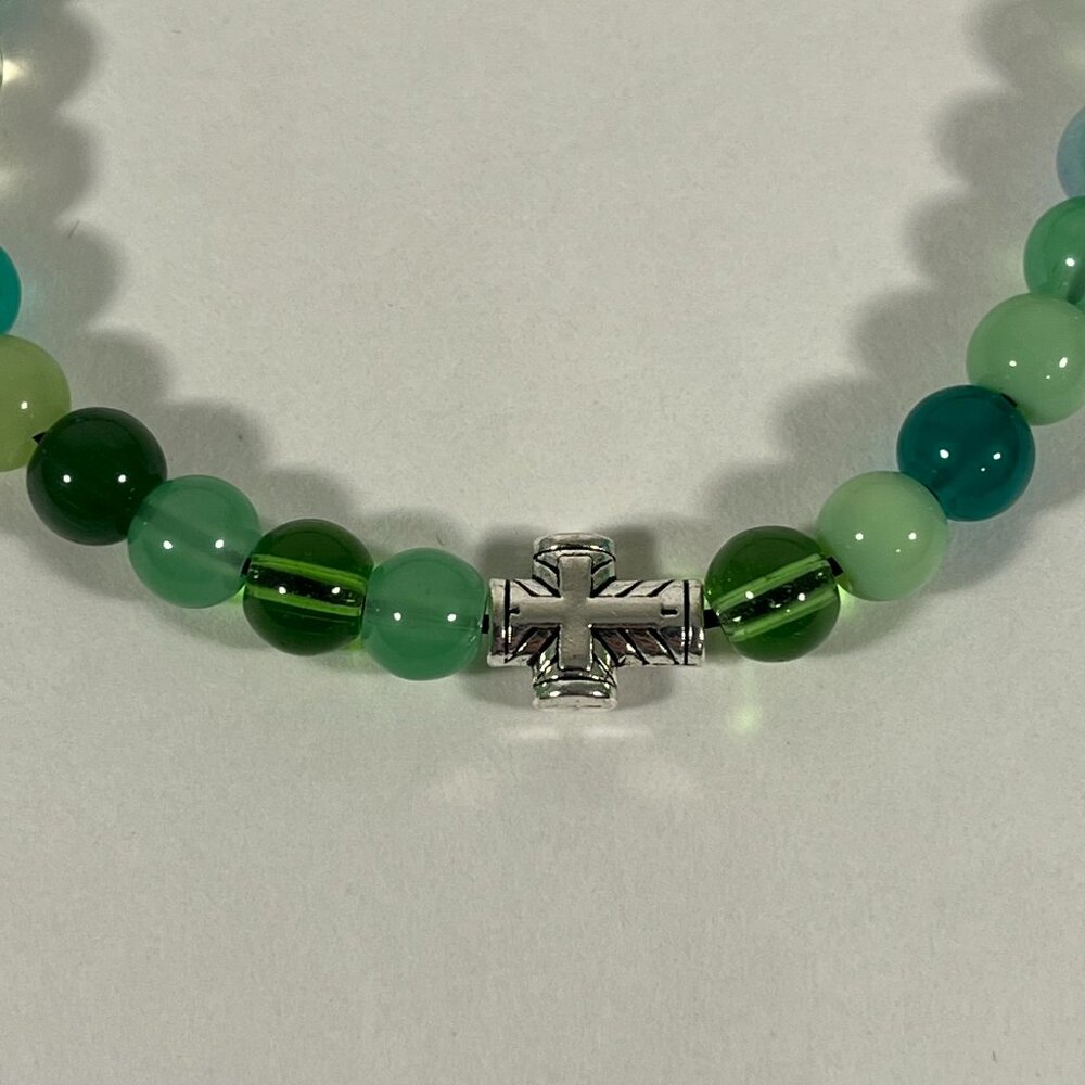 Mini Silver Cross Green Glass Bead Bracelet NWT
